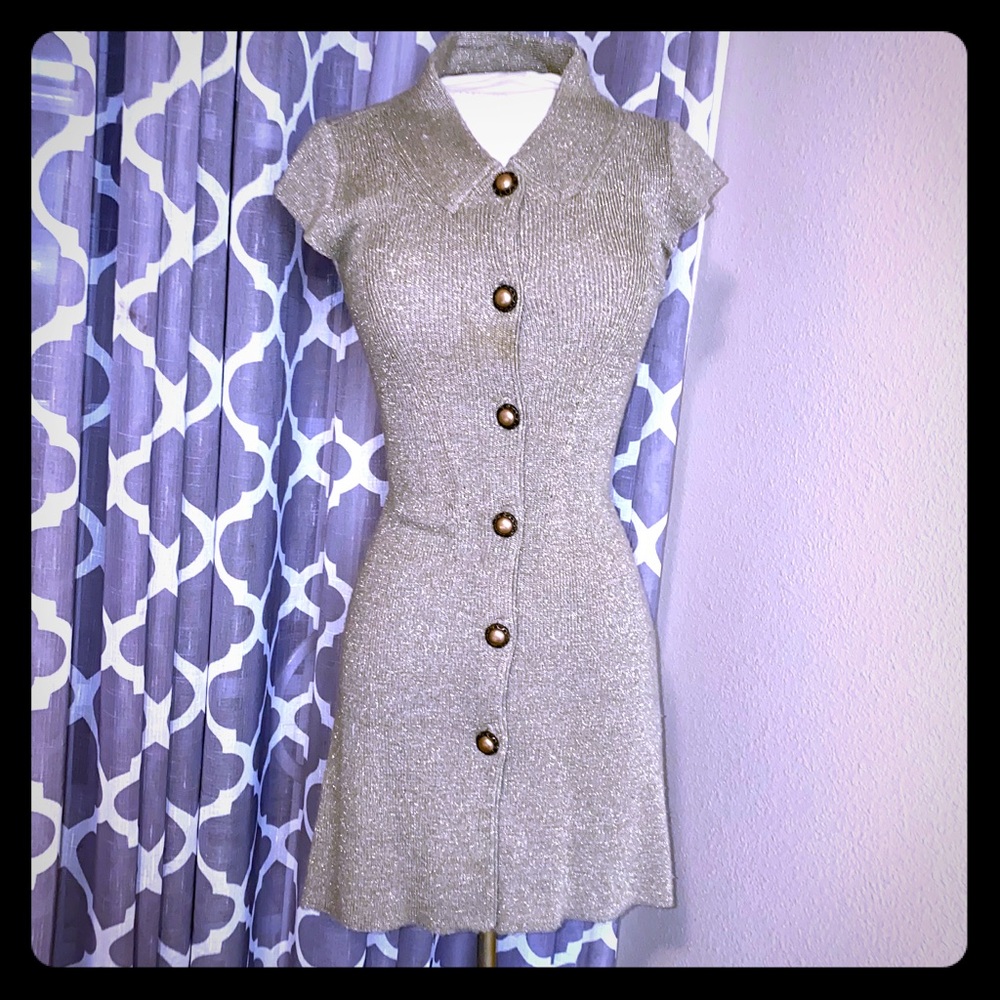 Tan Gold Knit Botton Down Sweater Dress Stretchy